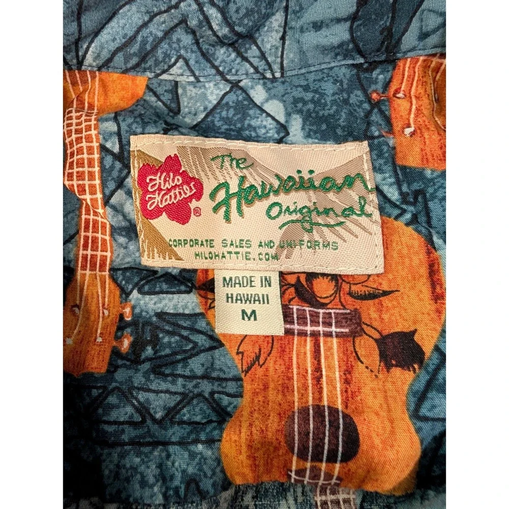 Hilo‎ Hattie Hawaiian Shirt Mens M Blue Orange Ukulele Made in Hawaii 100%Cotton